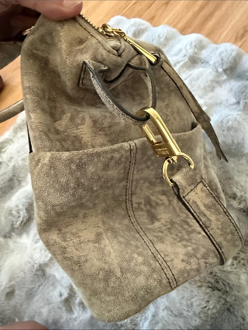 Aimee Kestenberg Taupe Suede Satchel with Gold Hardware